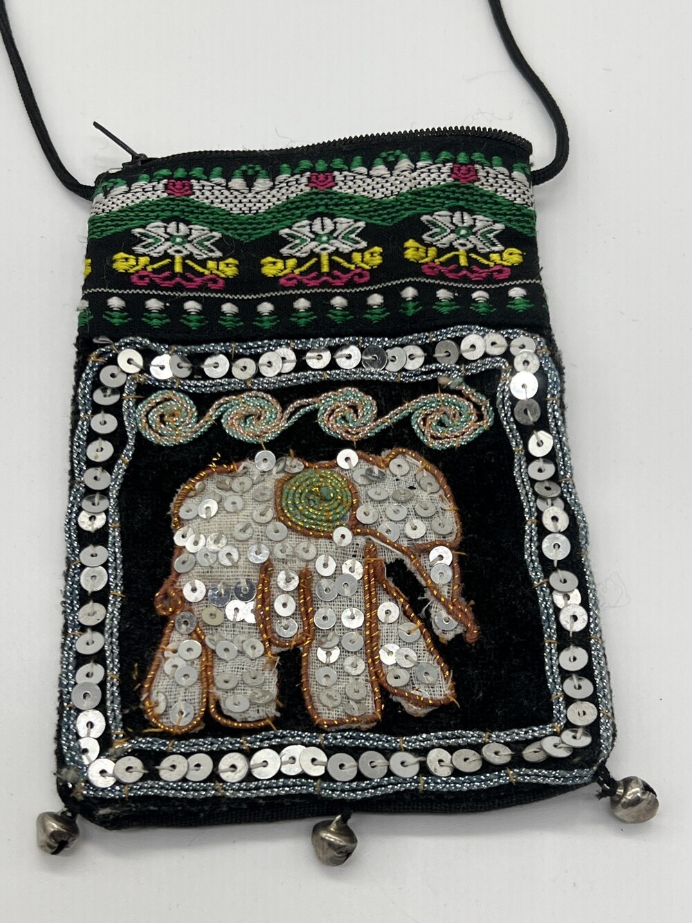 Sequin Elephant Crossbody Bag Womens Mini Black Boho Tribal Festival Zip Bells